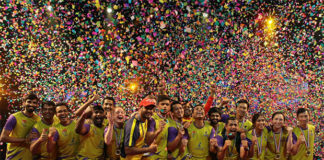Celebration from Bengaluru Raptors following the win over the Mumbai Rockets. (photo: PBL)