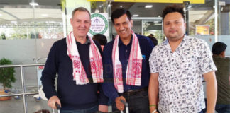 Morten Frost (L) and former Chief National Coach of India, Vimal Kumar (second from left) arrive in Guwahati to scout for young badminton talent. (photo: gplus)
