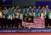 Members of the Malaysia men's badminton team pose on the podium as runners-up following a 2-3 defeat to Japan in the 2014 Thomas Cup final. (photo: GettyImages)