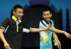 Lee Chong Wei (left) and Chong Wei Feng enjoy a lighter moment during a practice session