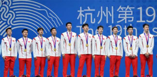China's men's team celebrates gold medal victory at the 2022 Hangzhou Asian Games. (photo: Xinhua)