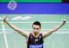 Lee Chong Wei celebrates his victory against Chen Long during the men's singles final at the 2017 Hong Kong Open final.