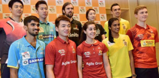 Kidambi Srikanth, Tan Wee Kiong, Carolina Marin, P V Sindhu, Viktor Axelsen are the big names playing in 2018/2019 Premier Badminton League (front row, from left). (photo: PTI)
