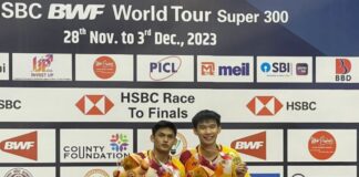 Choong Hon Jian and Muhammad Haikal celebrate their inaugural international title at the 2023 Syed Modi International. (Photo: BAM)